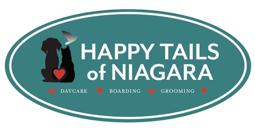 Happy Tails of Niagara Logo, teal oval with services listed: daycare, boarding, and grooming